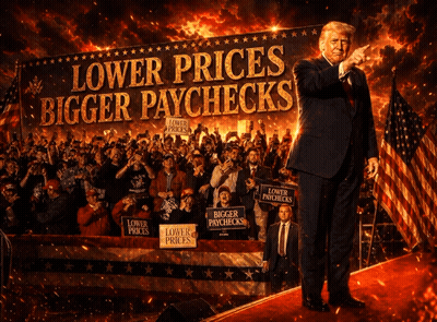 Donald Trump In Front Of Crowd With Lower Prices Bigger Paychecks Signs GIF