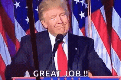 Donald Trump Is Giving A Speech At A Podium In Front Of An American Flag And Says `` Great Job '' . GIF