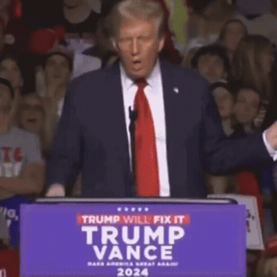 Donald Trump Is Giving A Speech At A Podium That Says Trump Will Fix It Trump Vance GIF