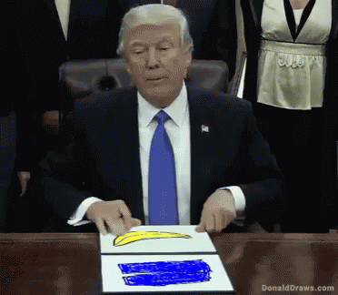 Donald Trump Is Sitting At A Table With A Picture Of A Banana On It GIF