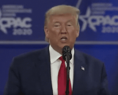 Donald Trump Is Speaking Into A Microphone In Front Of A Sign That Says Pac 2020 GIF