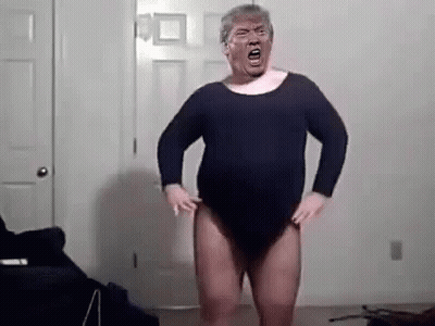 Donald Trump Is Wearing A Leotard And Making A Funny Face While Standing In A Room . GIF
