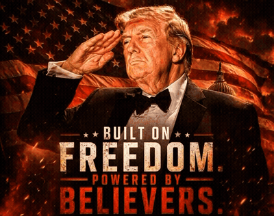 Donald Trump Salutes In Front Of An American Flag With Built On Freedom Powered By Believers GIF