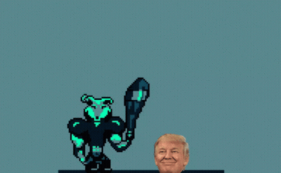Donald Trump Stands In Front Of A Pixel Art Drawing Of A Robot GIF