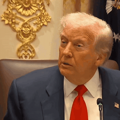 Donald Trump Wearing A Blue Suit And Red Tie Speaking Into A Microphone GIF