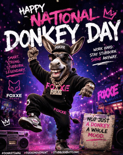 Donkey Day Advertisement With Donkey In Foxxe Sweatshirt GIF