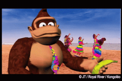 Donkey Kong Standing On Beach Holding Banana And Dancing GIF