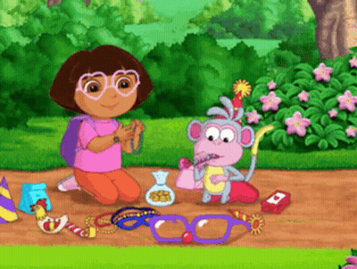 Dora The Explorer Is Kneeling Next To A Monkey With A Party Hat On GIF