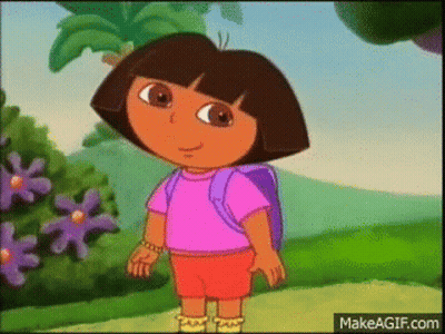 Dora The Explorer Is Wearing A Pink Shirt And Red Shorts And Is Standing In A Field With A Backpack . GIF