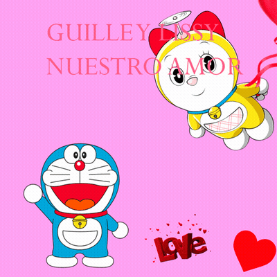 Doraemon and Dorami on Pink Background Saying Guilley Lissy Nuestro Amor