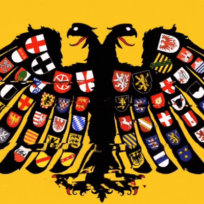 Double Headed Eagle Surrounded By Coats Of Arms And Flags GIF