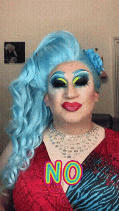 Drag Queen With Blue Hair In Red And Blue Dress Saying No GIF