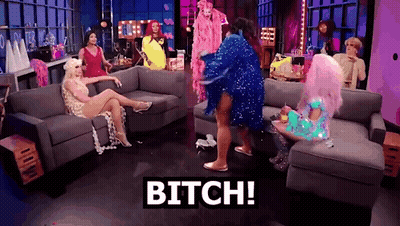 Drag Queens Sitting On Couch Saying Bitch GIF