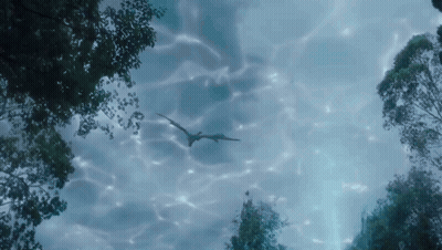 Dragon Flying Over Water Surrounded By Trees GIF