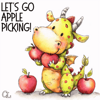 Dragon Holding Apples Saying Let's Go Apple Picking GIF