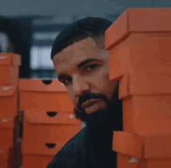 Drake Peeking Behind Shoe Boxes GIF