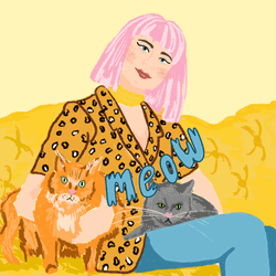 Drawing Of Cat Lady With Pets On Couch GIF