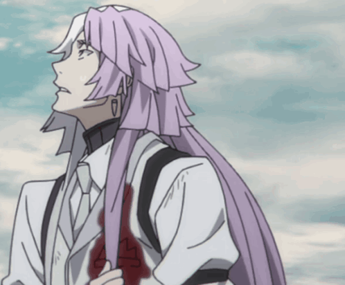 Drawing Of Man With Long Purple Hair Looking Up GIF