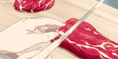 Drawing Of Person Cutting Meat With Oishi-Des GIF