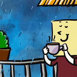 Drinking Steaming Coffee Under Monsoon Weather Animation GIF