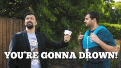 Drown Reporter Interviews Man Wearing Floater GIF