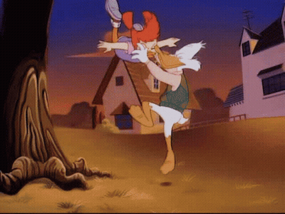 Duck And Girl In Field With House GIF