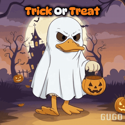Duck Dressed As Ghost Holding Pumpkin Basket GIF
