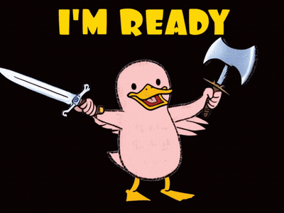 Duck Holding Sword And Axe Saying I'm Ready GIF