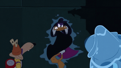 Duck In Purple Cape Standing Next To Dog GIF