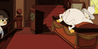 Duck Laying In Coffin With Staircase GIF