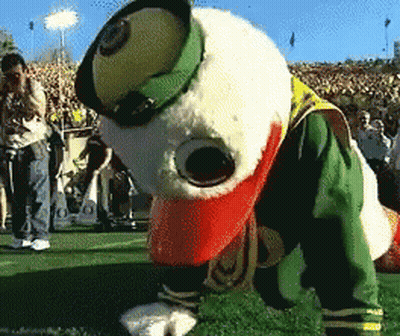 Duck Mascot Crawling On Grass GIF