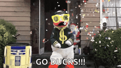 Duck Mascot Dancing In Front Of House With Confetti GIF