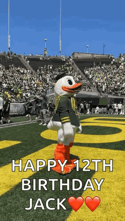 Duck Mascot Standing On Field Saying Happy 12Th Birthday Jack GIF