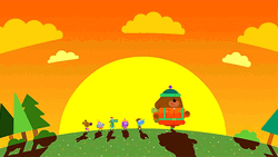 Dugee And Friends Hiking Under Orange Sky GIF