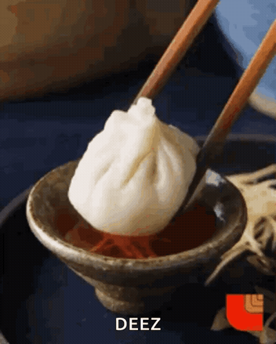 Dumpling Dipped In Sauce With Chopsticks Saying Deez GIF