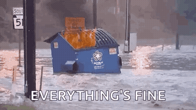 Dumpster Floating In Water Saying Everything's Fine GIF