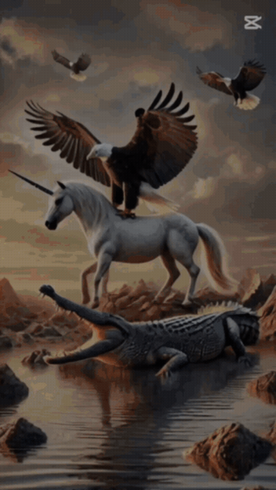 Eagle Riding Unicorn On Top Of Crocodile GIF