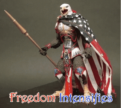 Eagle With American Flag Cape Holding Spear Saying Freedom Intensifies GIF