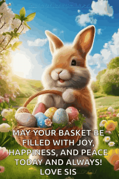 Easter Bunny Holding Basket Of Eggs GIF