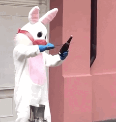 Easter Bunny Mascot Opening Beer