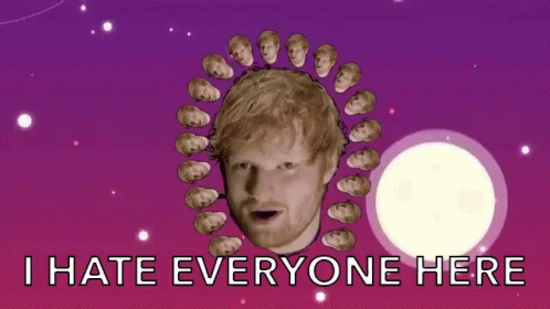 Ed Sheeran 'S Face Is Surrounded By Many Faces And The Words " I Hate Everyone Here " GIF