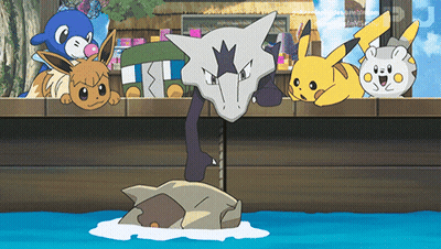 Eevee And Pikachu Looking Over Ledge At Water GIF
