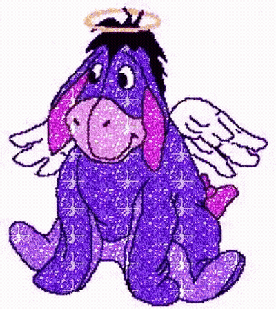 Eeyore From Winnie The Pooh Is Wearing Angel Wings And A Halo On His Head . GIF