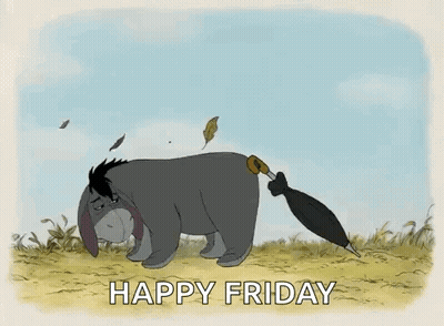Eeyore Holding Umbrella In Wind Saying Happy Friday GIF