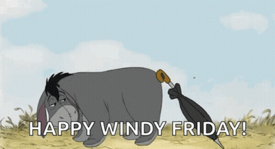 Eeyore Holding Umbrella In Wind Saying Happy Windy Friday GIF