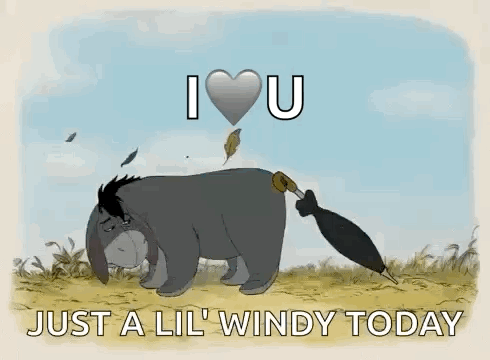 Eeyore Walking In Rain With Umbrella And Heart Balloon GIF