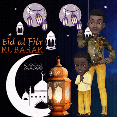 Eid Al-Fitr Mubarak Man And Boy With Lanterns GIF
