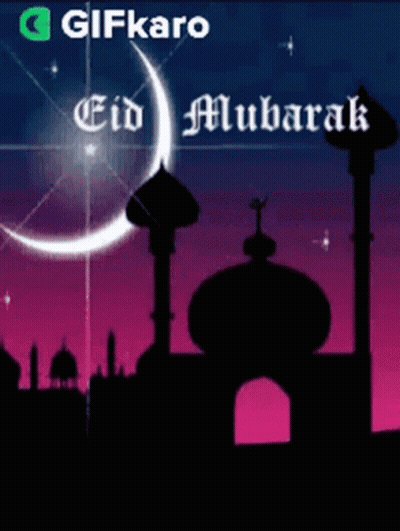 Eid Mubarak Card With Mosque And Crescent Moon GIF