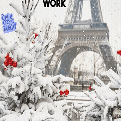 Eiffel Tower Behind Snow Covered Christmas Tree GIF