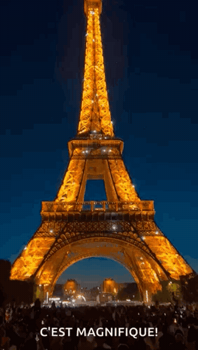 Eiffel Tower Lit Up at Night With Crowd